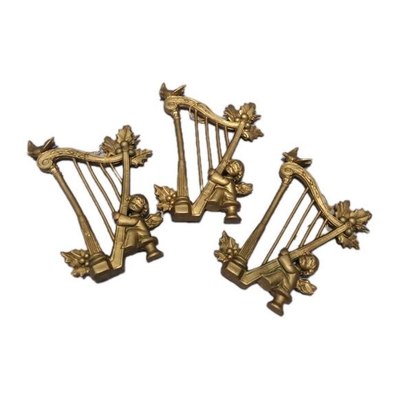 Vintage Angel Cherub Playing Harp Gold Plastic Christmas Ornaments ITALY 3x Lot - Picture 2 of 9